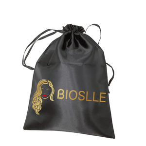 Custom marchio Logo nero raso di seta custodia con coulisse per extension capelli umani Bundle borse per capelli con Logo personalizzato - Product Image 3