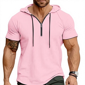 Men's Pink Hooded Henley Jersey T-Shirt Short Sleeve Regular Fit Solid Color Casual Knitted Pullover 200g - Product Image 1