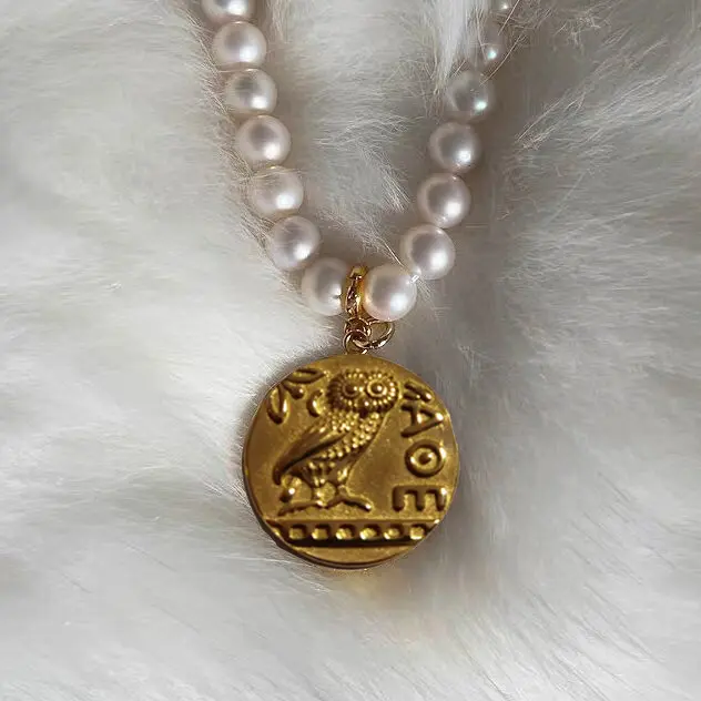 18k Gold Plated Greek Mythology Jewelry Vintage Roman Medallion Textured Greek Coin Athena Owl Pendant Pearl Chain Necklace