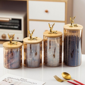 Barattolo in Vetro a Forma di <span class=keywords><strong>Testa</strong></span> di <span class=keywords><strong>Cervo</strong></span> a Righe con Coperchio in Bambù per Cereali, Tè, Snack, Caramelle, Conservazione in Campeggio con Anello di Chiusura - Product Image 4