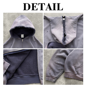 เสื้อฮู้ดผู้ชายวินเทจซักได้แบบมีกรดเสื้อสเวตเตอร์มีซิปสีเฮฟวีเวต - Product Image 6