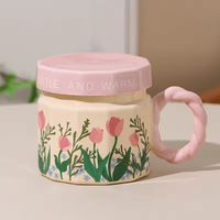 Cangkir keramik bunga mewah dengan tutup untuk wanita, cocok untuk rumah dan kantor, cangkir minum kopi dan teh kelas atas