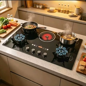 Table de cuisson à gaz 4 brûleurs + 1 plaque de cuisson électrique à gaz, dessus en verre trempé, plaque de cuisson en acier inoxydable pour usage domestique et hôtelier, encastrable et <span class=keywords><strong>portable</strong></span> - Product Image 1