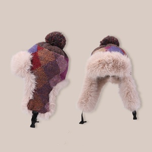 Hombres Mujeres Plaid Knitted Pilot Hat Winter Faux Fur Hunter's Cap Outdoor Warm Thick Earprotector Headgear Venta al por mayor - Product Image 4