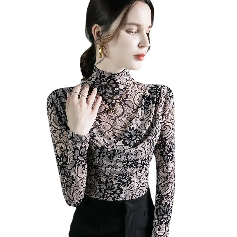 High Collar Printed Elastic Mesh long sleeve T-Shirt fall and winter clothes women Stacked Collar Look Two Piece Lace Shirt Top