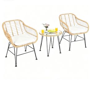 Set di Mobili in Rattan Popolare con 2 Poltrone Imbottite <span class=keywords><strong>e</strong></span> <span class=keywords><strong>Tavolino</strong></span> Rotondo in Vetro per Uso Esterno su <span class=keywords><strong>Balcone</strong></span> o Giardino - Product Image 1