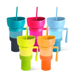 Nouvelles tasses froides à changement de couleur 32oz gobelet de stade boisson 2 en 1 tasse de collation et de boisson 32oz tasse en plastique avec paille de bol à collation