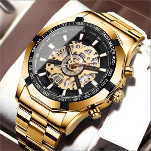 Binbond Skeletonized Quartz Watch 13mm Waterproof Men's Analog Tachymeter Stainless Steel Band - Product Image 1
