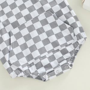 ชุดรอมเปอร์เด็กผู้ชายลายตารางหมากรุกแฟชั่นปี 2022 เสื้อฮู้ดแขนสั้นลายสก็อตพร้อมกระเป๋า - Product Image 5