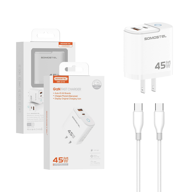45W Cargador GaN Mobil Phone Charger USB C Power Adapter with PD QC3.0 Fast Charging for Phone & Tablet White US Plug