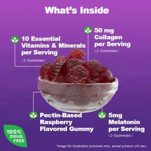 Gomitas de Melatonina para Mujeres con Colágeno, 10 Vitaminas y Minerales Esenciales, Sabor Frambuesa, 60 Gomitas, Suplemento Dietético - Product Image 5