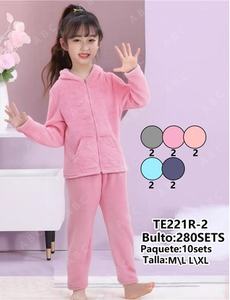 Te221r 2 Pigiama in pile da donna con cappuccio e cerniera, lunghezza intera, tinta unita, set casual per dormire, manica lunga, abbigliamento invernale - Product Image 3