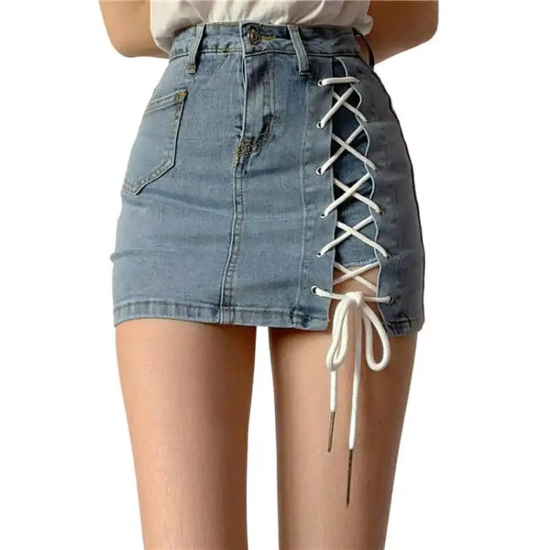 2023 תחרה עד גבוהה מותניים ג 'ינס קצר שמלת מיני נשים הדוק ג' ינס חצאית ז 'אן חצאיות עבור בנות