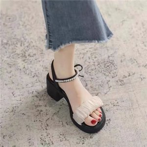 <span class=keywords><strong>Sandalias</strong></span> de tacón grueso para <span class=keywords><strong>mujer</strong></span>, con correa de perlas en el tobillo, punta redonda abierta, lazo trasero, cómodas para caminar, zapatos casuales diarios para damas. - Product Image 2