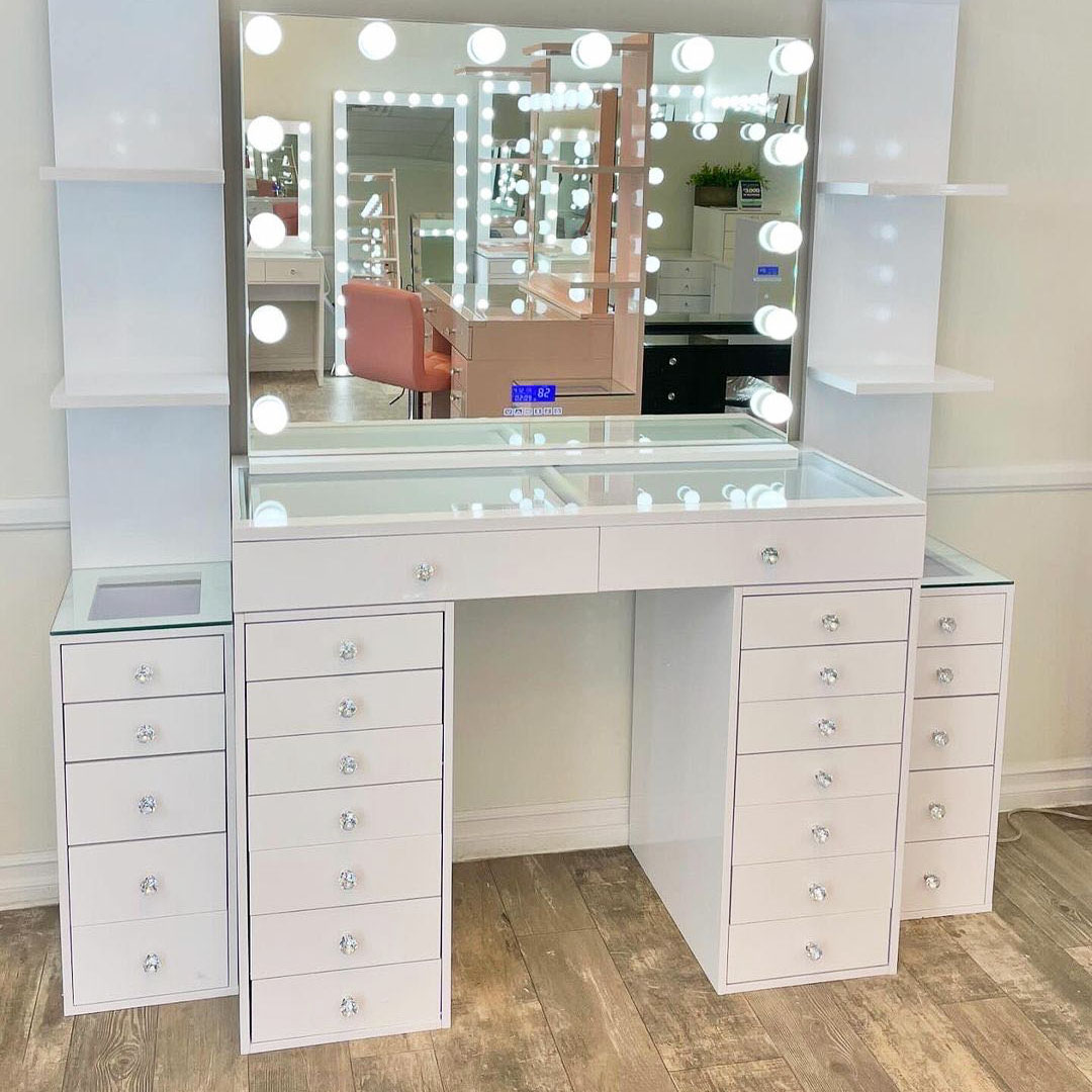 slim fit dress slacks 43" Dressing Table Set With Mirrored Drawers And Stool, Tri Fold Mirro