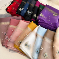 Nouveau Foulard Élégant Brodé Papillon, Châles pour Femme, Écharpe Unie Couleur Soie Brillante au Toucher, Étoles, Hijabs à Perles