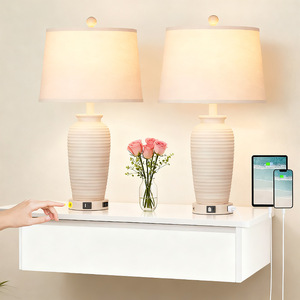 Farmhouse Ceramic Table Lamp Touch Control E26 LED White Shade With Us Port Bedroom Living Room Desk <b>Light</b> - Product Image 1