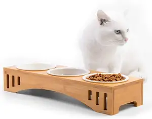 Combohome高级猫高架碗，带竹架的养猫小狗碗猫喂食器