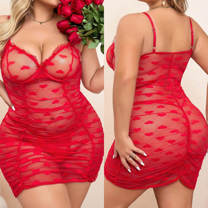 New Large Size Mesh Herzförmige Spitze Erotische Unterwäsche Enges Kleid Perspektive Sheer Sexy Schlaf rock Damen Unterwäsche Set - Product Image 1