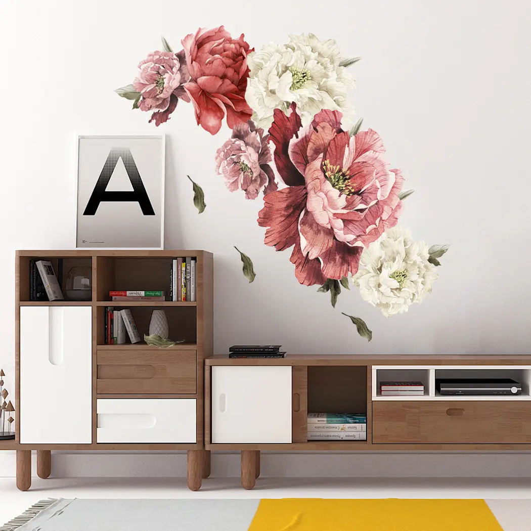 Red Peony Flowers Wall Decals Peel and Stick Wall Sticker for Home Bedroom Nursery Room Wall Decor