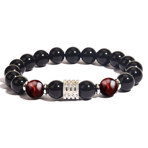 Vente en gros de nouveaux bijoux Oeil de tigre Bracelet de perles noires brillantes, Bracelet perlé universel en acier inoxydable pour hommes et femmes - Product Image 4
