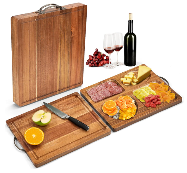 Acacia Wooden Cutting Boards for Kitchen, 2 in 1 Charcuterie Boards and Serving Tray with Compartments