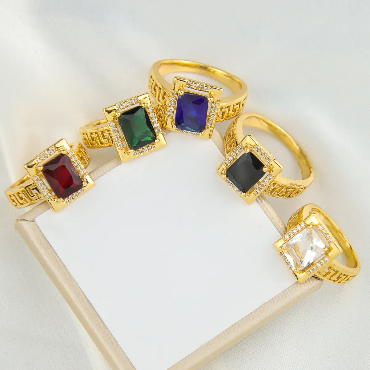 New Trendy Gemstone Jewelry Rings Multicolor Zirconia Ring Women Brass 18k Gold Wedding Ring