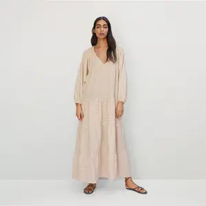 Women loose casual long sleeve stripped cotton linen mango maxi dress