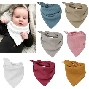 Solid Color Newborn Soft Cotton Feeding Bib Muslin Gauze Saliva Towel Bandana Burp Cloth Triangle Scarf Snap Bibs