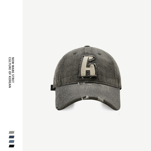 Unisex Distressed Denim Baseball Cap <b>Light</b> Blue Ripped Details Korean Street Style A-Line Embroidered Hat - Product Image 4