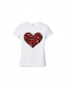 Camiseta de Manga Corta con Cuello Redondo para Mujer, Estampado de Corazón de Leopardo, Estilo Casual, 100% Algodón, Moda Primavera Verano - Product Image 1