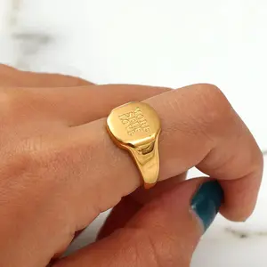 New Stylish Alphabet Letters Square Ring Waterproof Jewelry 18k Gold Plated Stainless Steel Positive Energy Words Letter Ring