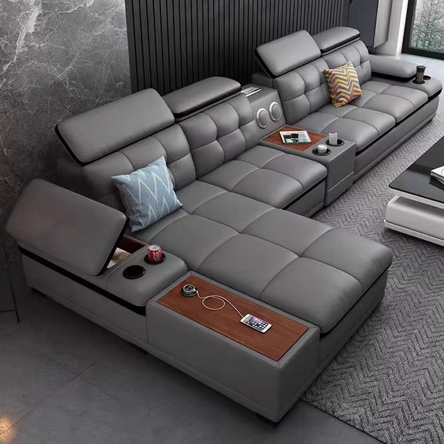 Modern Living Home Furniture with bluetooth Speaker L Shape Leather Sofa High Quality Living Room Sofa Combination
