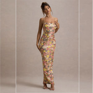 IHOOV décontracté taille naturelle <span class=keywords><strong>crayon</strong></span> col carré paillettes Maxi robe <span class=keywords><strong>Pastel</strong></span> imprimé fleuri jupe - Product Image 4