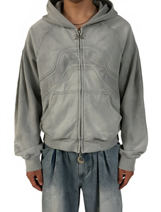 Sudadera con capucha gris para hombre, con cremallera, efecto acid wash, bordada, de felpa francesa, corte regular, informal, para otoño - Product Image 1
