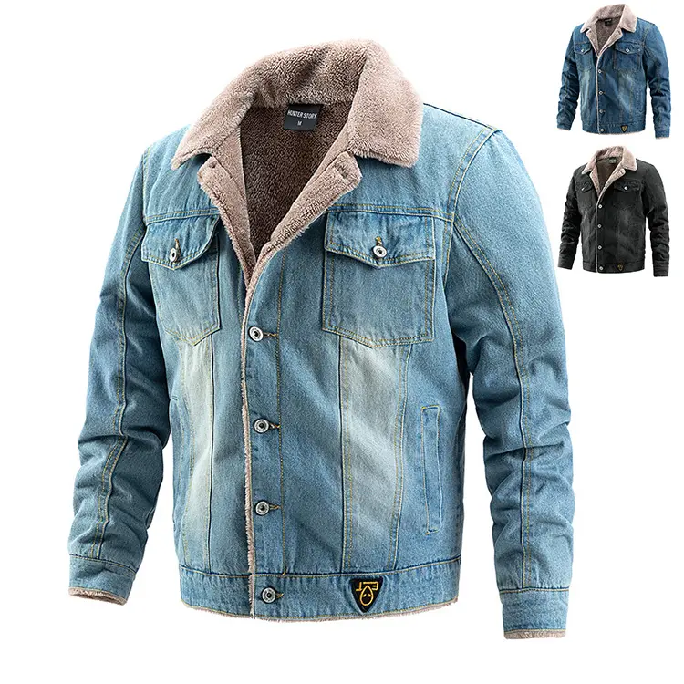 Winter Thickened Denim Fur Jacket Blue Casual Loose Warm Jean Jacket For Men