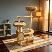 Arbre à chat multi-niveaux WoodPaw en MDF écologique avec capsule spatiale et panier en rotin tressé à la main, montage facile, design moderne et luxueux