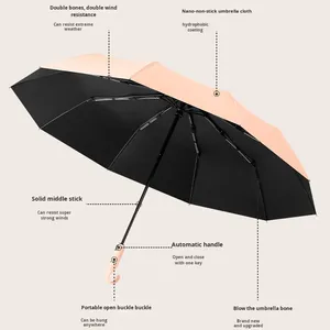 10-Rib Fully <b>Automatic</b> One-Button Open Close Hook <b>Umbrella</b> 190T Nylon 105cm Black Coating UV Protection Printed Business Gift - Product Image 2