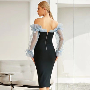 Robe midi moulante noire à col en V et taille haute avec manches longues contrastantes, élégante, pour le bureau ou les soirées, avec fermeture éclair - Product Image 4