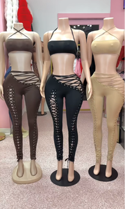 X22963C Sexy Bandage Patchwork Conjuntos de 2 piezas Traje de mujer Halter Sin mangas Crop Tops y pantalones Traje a juego Ropa de calle femenina - Product Image 3
