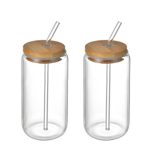 Vaso de Vidrio Transparente de 16 oz para Sublimación, Tipo Frasco Mason con Tapa de Bambú para Impresión por Sublimación - Product Image 1