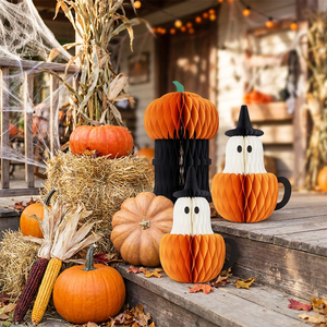 Lot de 2 lanternes citrouille 3D en papier nid d'abeille, écologiques, pour décoration intérieure, centres de table fantôme, pour Halloween et fêtes de la récolte d'automne - Product Image 5