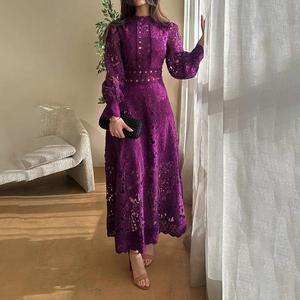Hollow Out Solid Midi <b>Vintage</b> Elegant Lace Long Sleeve Empire Waist <b>Dress</b> for Women <b>Formal</b> - Product Image 2