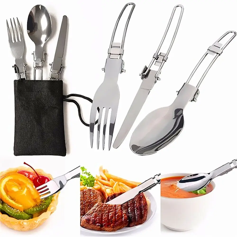 Set sendok garpu portabel piknik luar ruangan, Set peralatan makan berkemah bahan baja tahan karat untuk perjalanan