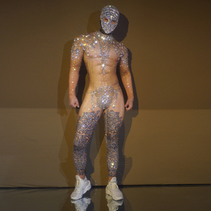 Combinaison sexy extensible et moulante avec tête détachable, strass, pour club, danseuse de striptease gay, tenue de scène, combinaison en cristal - Product Image 1