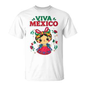 Camiseta Viva México con Diseño de Muñeca Mexicana Linda para el Día de la Independencia - Product Image 1