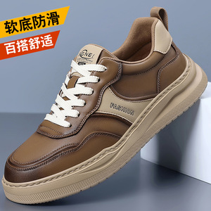 Zapatillas de cuero para hombre, con punta redonda, cordones, suela gruesa, antideslizantes, informales, para otoño. - Product Image 1
