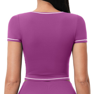 Completo Yoga Estivo da <span class=keywords><strong>Donna</strong></span> con Spalline Sottili a Contrasto, Maniche Corte Senza Cuciture, T-shirt Aderente per Pilates e <span class=keywords><strong>Fitness</strong></span> - Product Image 2