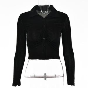 Top Corto Azul de Manga Larga con Cuello en V para Mujer, con Detalle Fruncido, Color Sólido, Camisa Ajustada Sexy para Uso Casual - Product Image 5