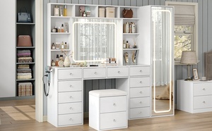 Table de maquillage moderne Cavio de grande capacité en bois massif avec miroir éclairé 3 couleurs et plateau en verre, bureau de toilette à aménagement flexible - Product Image 6